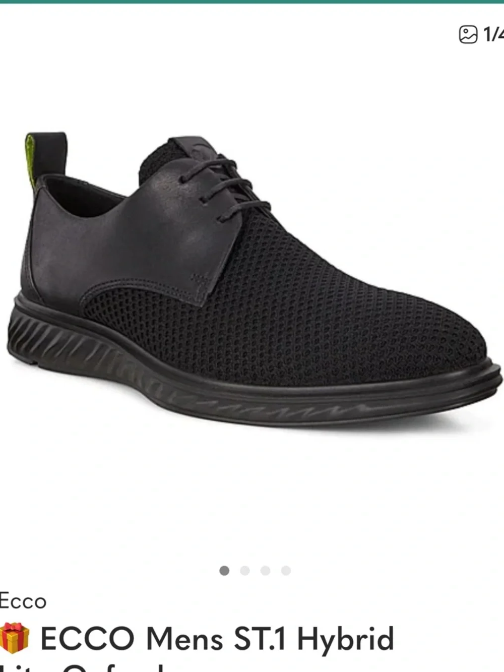Ecco ST. 1 Men's Hybrid Lite Mesh Black Knit Derby Oxford Shoes Lime Insole